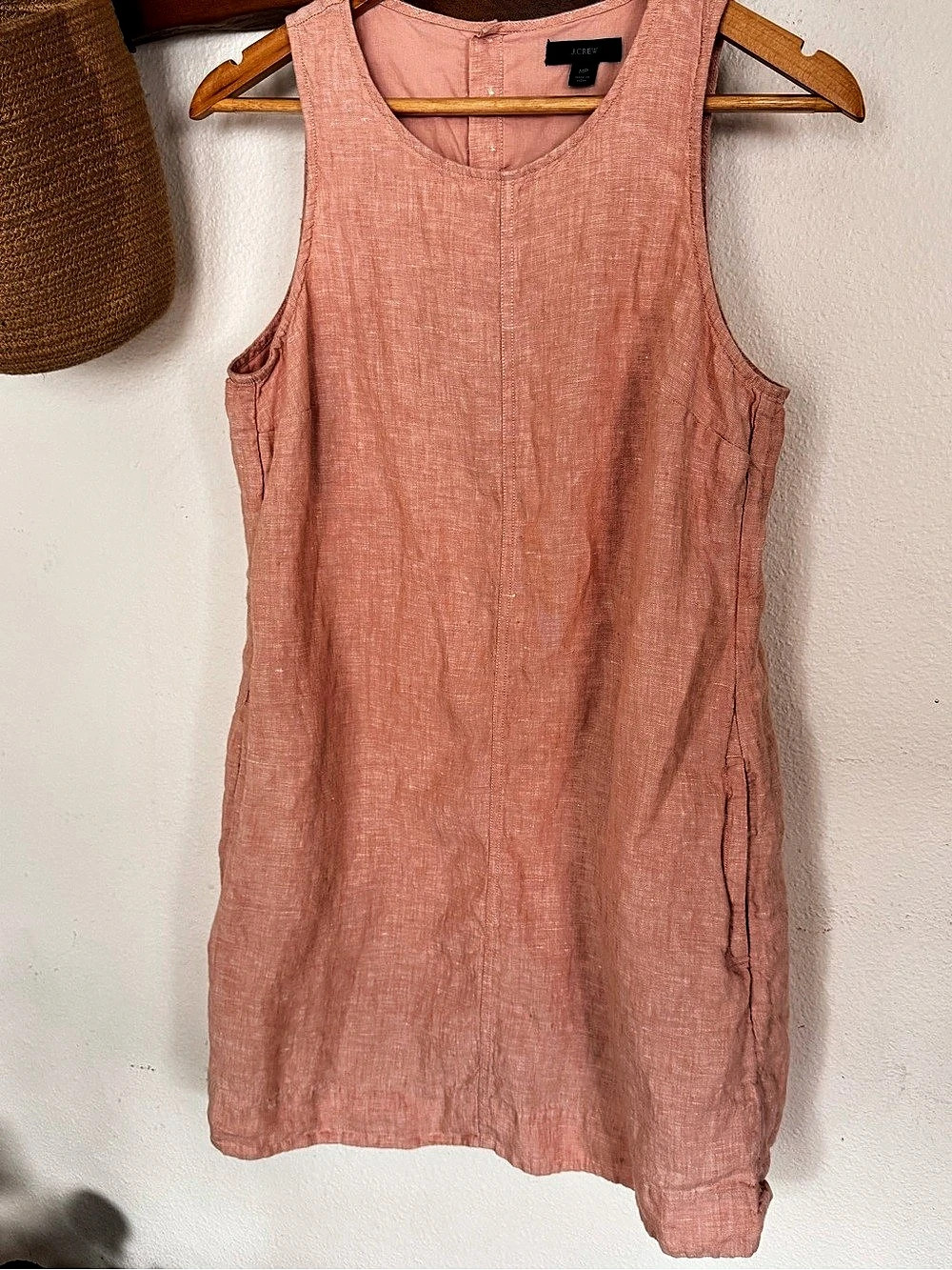 J.Crew 100% Linen Shift Dress MP Medium Petite Coral Pink Pockets Mini